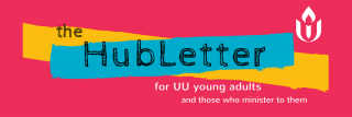 this image has red background, yellow and blue stripes with the words "the HubLetter" in the middle 