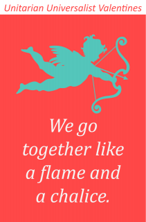 A silhouette of cupid on a red field with white text: "We go together like a flame and a chalice."