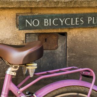 Underneath a plaque, affixed to a wall, that says NO BICYCLES PLEASE, a bicycle is leaning on the wall.