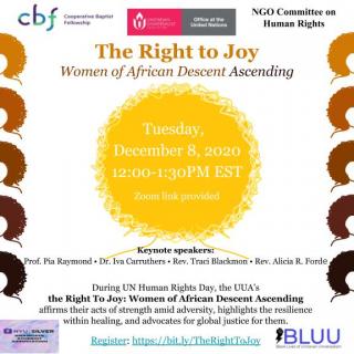 Flyer for "Right to Joy: Women of African Descent Ascending" event on December 8, 2020