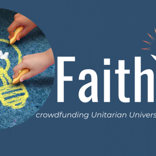 image: Four hands holding sidewalk chalk draw a lightbulb symbol on a blue concrete background. text reads, "Faithify, crowdfunding Unitarian Universalist projects."