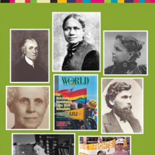 Pamphlet cover image made up of a collection of archival images of Us and Us in UU history