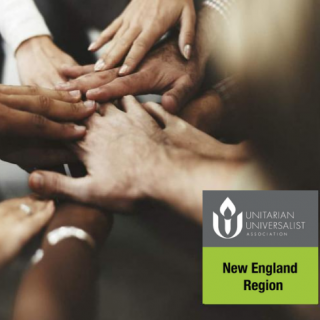 A group of hands of various skin tones are placed in a group with one on top of the other; the NER UUA logo is in the bottom right corner.