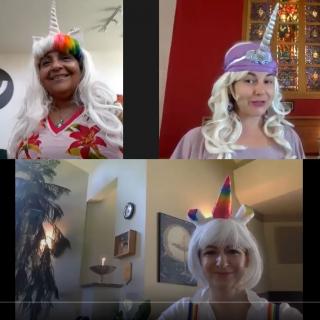 screenshot of a video frame showing three uu religious educators in costume