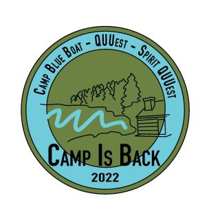 Logo of cabin and pine trees "Camp is Back 2022"