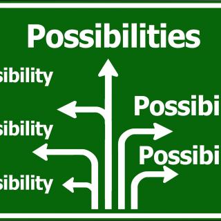 Green sign with many white arrows each leading a different instance of the word possibility