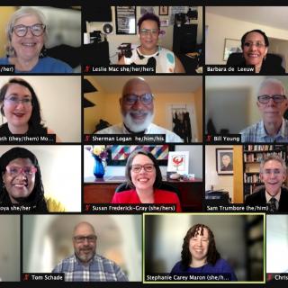UUA Board of Trustees at its June 28, 2021 Meeting via Zoom. Images of each Trustee and UUA Staff are tiled.
