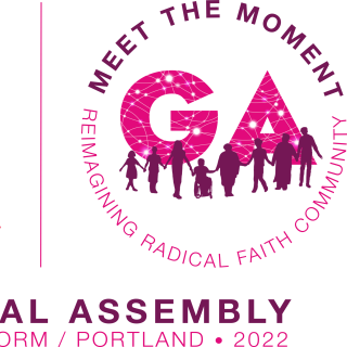 The General Assembly logo, featuring the red UUA chalice to the left. The GA theme “Meet the moment: Reimagining radical faith community” is arranged in a circle. Pink letters GA are in the center, with a white web decoration to represent the World Wide Web connecting our multi platform event. In front of the letters GA, there is a purple silhouette of eight people holding hands. The persons depicted are of of varying shapes and sizes.