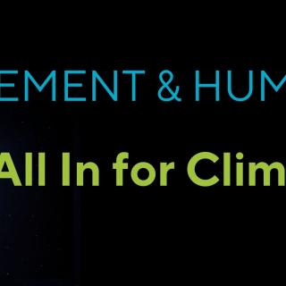 Planet Earth seen from space takes up the bottom left corner, on a black background with blue text reading "Displacement and Human Rights" and green text reading "All In for Climate Justice"