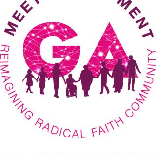 The General Assembly logo, featuring the theme arranged in a circle. The theme is: “Meet the moment: Reimagining radical faith community”. Pink letters GA are in the center, with a white web decoration the represent the World Wide Web connecting our multi platform event. In front of GA, there is a purple silhouette of eight people holding hands. The persons depicted are of varying age, shapes and sizes.