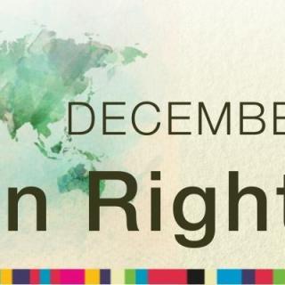 December 10, 2021 Human Rights Day (written in dark font over a green watercolor painting of a map of the world's land masses.)