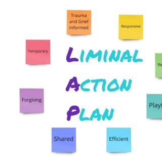 Liminal Action Plan: Trauma and Grief Informed, Responsive, Relational, Playful, Efficient, Shared, Forgiving, Temporary. White background, with colored squares with words on them