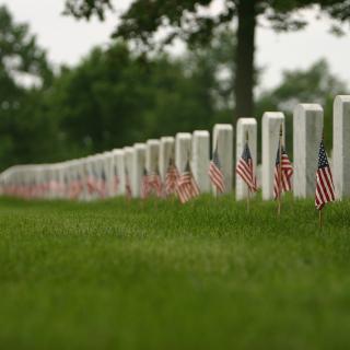 A row of military gravew with American flags