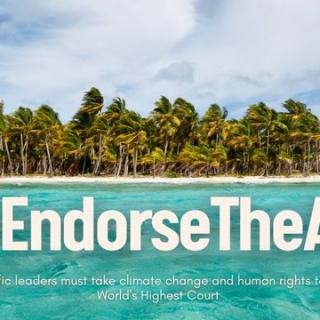 Small tropical island with palm trees, with overlaying text: "#EndorseTheAO Pacific Leaders must take climate change and human rights to the World's Highest Court