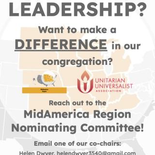 MidAmerica Region Nominating Committee Recruitment Flyer asking for volunteers for leadership positions within the MidAmerica Region of the UUA