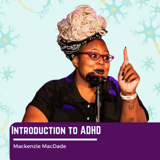 Headshot of Mackenzie MacDade. A woman of color with bleached locs, a black bandana, purple glasses, and dark lipstick speaks into a mic, pointing one finger up