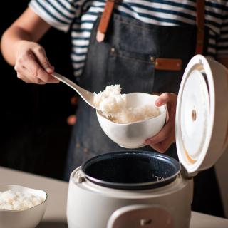 The torso of an Asian person wearing an apron as they scoop freshly cooked rice out of a rice cooker.
