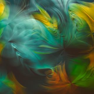 an abstract image of greens and yellows with bursts of orange