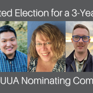headshots of five people running for the Nominating Committee, from left to right: Viola Abbitt, Ben Gabel, Carrie Stewart, Zackrie Vinczen, and Dick Burkhart
