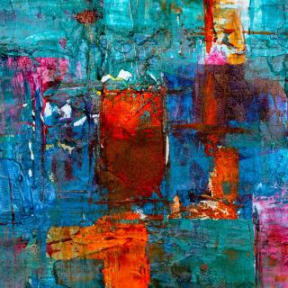 An abstract expressionist painting by Steve Johnson of vivid teals and blues and oranges in broad, blocky strokes