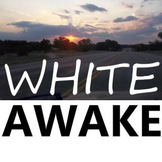 "White Awake" is written in white and black with a photo behind it with the sun at the horizon.