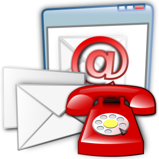 clip art image containing a retro rotary dial phone, a tablet, and envelopes