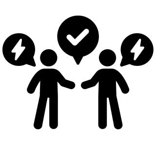 Two stick figures against a white background with three word bubbles. The word bubbles coming from the two figures have a lighting bolt in them. The word bubble in the middle has a check mark in it. 