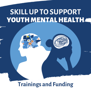 Skill up to support youth mental health training and funding. Blue and white image - two people back to back one person with scribbles in their head, one with flowers in their head 