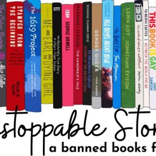 Image of books on a shelf, Unstoppable stories, a banned books festival