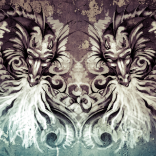 An illustrated mirror image of two dragons blowing smoke or fire in a gray to teal gradient.