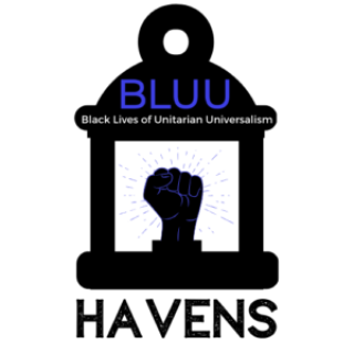 A silhouette of a fist of black liberation inside a lantern and the text "BLUU Havens"