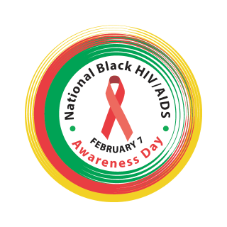 The logo for National Black HIV/AIDS Awareness Day February 7 is a circular emblem with gold, red, and green colors with a red ribbon in the center.