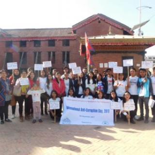 Young people from ANSWER Alumni Association and the Society of Humanists Nepal demonstrate together against corruption