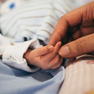 An adult hand gently holds an infant's hand.