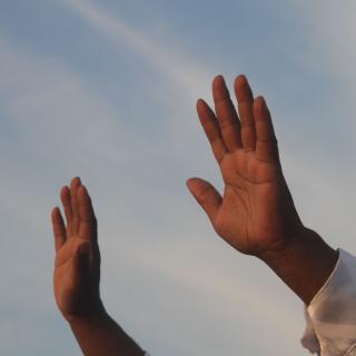a pair of hands, palms facing out, as if raised in praise or invocation