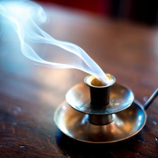 An empty brass candle holder emits a stream of smoke, suggesting that a candle has entirely burned itself out.