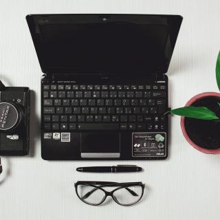 An overhead shot of a laptop computer, camera, pen, glasses, and plant.