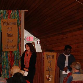 Speakers at front of congregation. The folks pictured are Reverend Karen G. Johnston (who serves our congregation in East Brunswick, NJ) and members of Interfaith RISE: Carrie Dirks-Amadeo, Sylvia Hove, and Susan Culhane