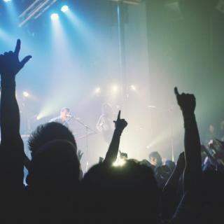 A crowd of concert-goers, in silhouette, against the bright colors and band on a stage.