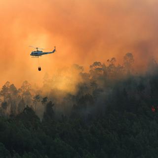 Against a violent orange smoke, a helicopter hovers over a forest on fire.