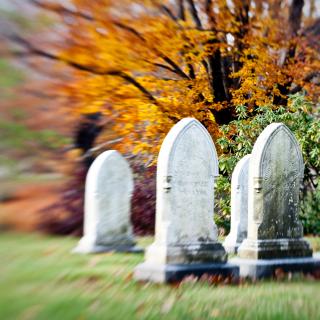Against a blurred background of fall foliage, several old gravestones on a cemetery lawn.
