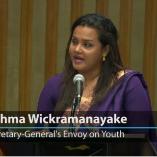 Screenshot from a brief UN Web TV video about the value of Intergenerational Work - this shot shows Jayathma Wickramanayake, the UN's Special Envoy on Youth addressing a conference at the UN.