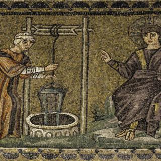 5th-century mosaic of the Samaritan Woman at the well is from Sant'Apollinare Nuovo in Ravenna, Italy.