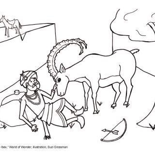 Line drawing of a king in a jeweled turban with his friend, a beautiful noble ibex