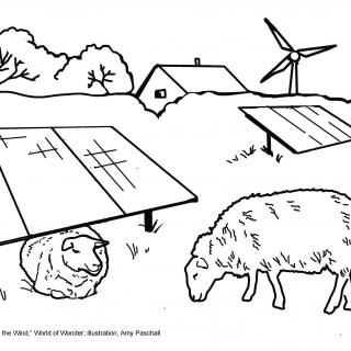 Line drawing of sheep grazing amid solar panels and a windmill