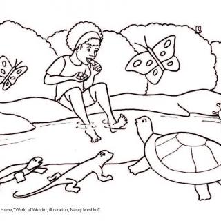 line drawing of a child interacting with nature at a riverbank