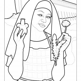 Line drawing of a friendly looking woman from biblical times holding a plant in each hand