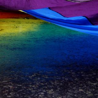 On a damp street, the colors of rainbow pride flag are reflected.