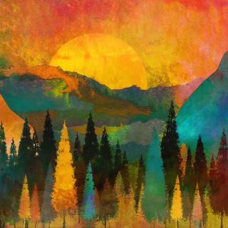 A gold and green painting of conifers, mountains, and a sun.