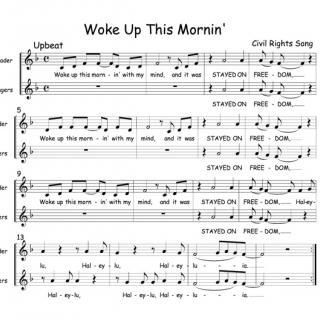 An image of sheet music for call and response song "Woke Up This Mornin'". 
